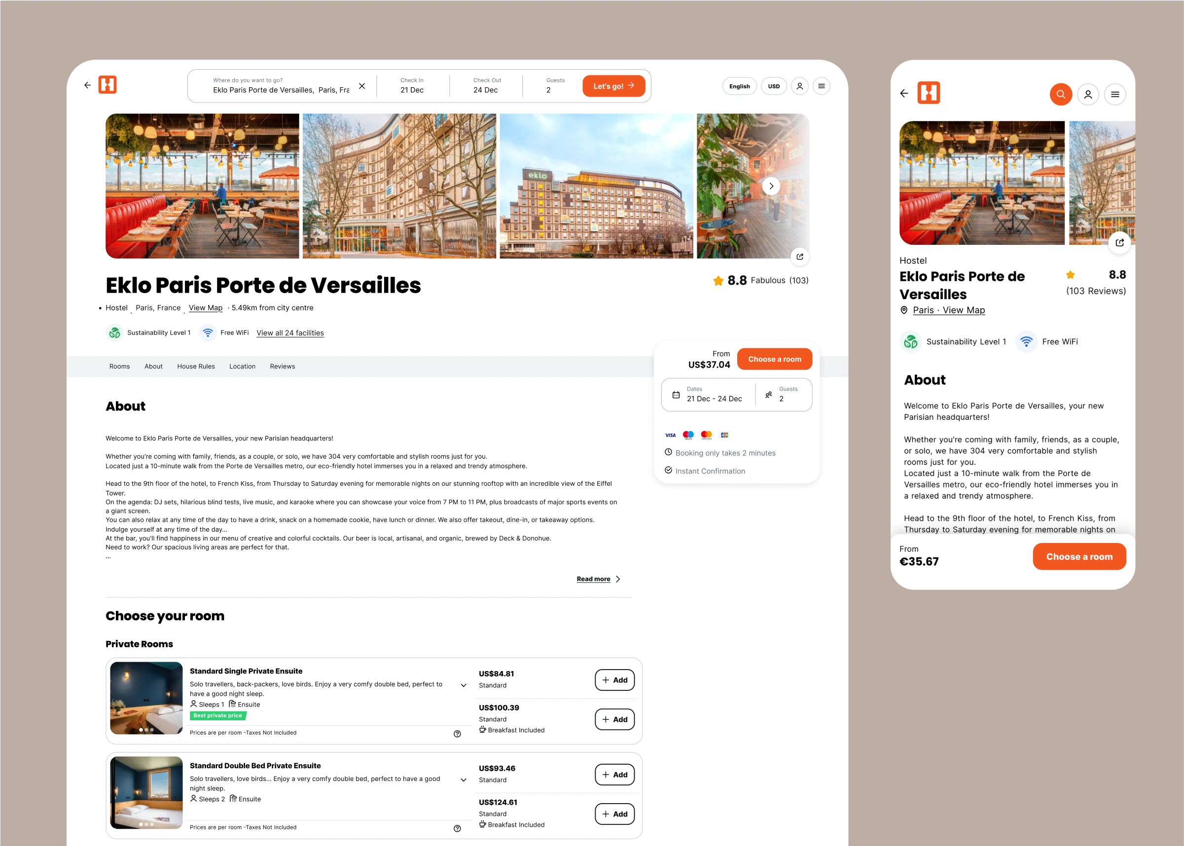 Hostelworld mobile app screens in context.