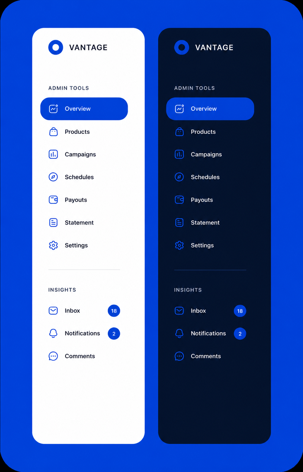 Vantage dashboard navigation shown in light and dark themes.