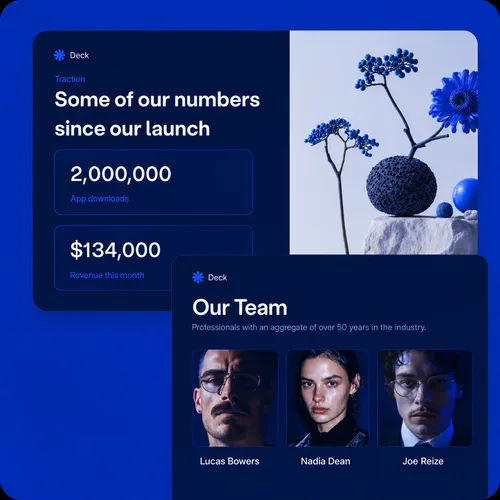 Presentation deck showing app statistics: 2,000,000 app downloads, $134,000 revenue this month, and an Our Team section featuring three team members.