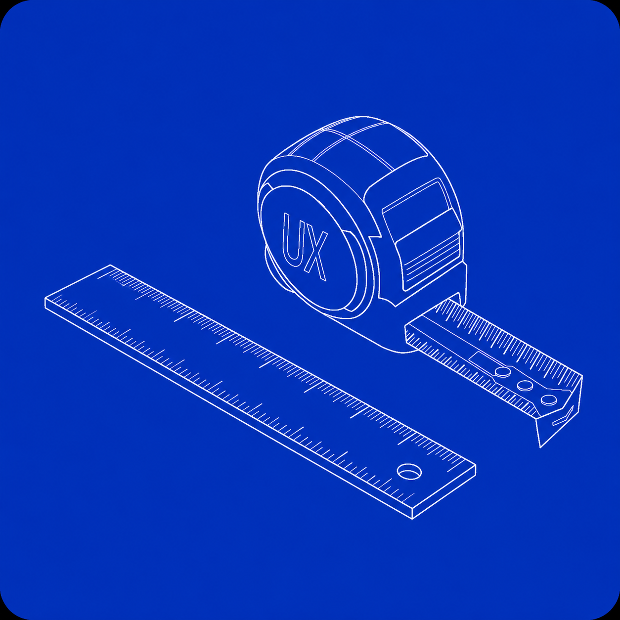 UX audit blueprint illustration with a white line-art tape measure and ruler on a blue background.