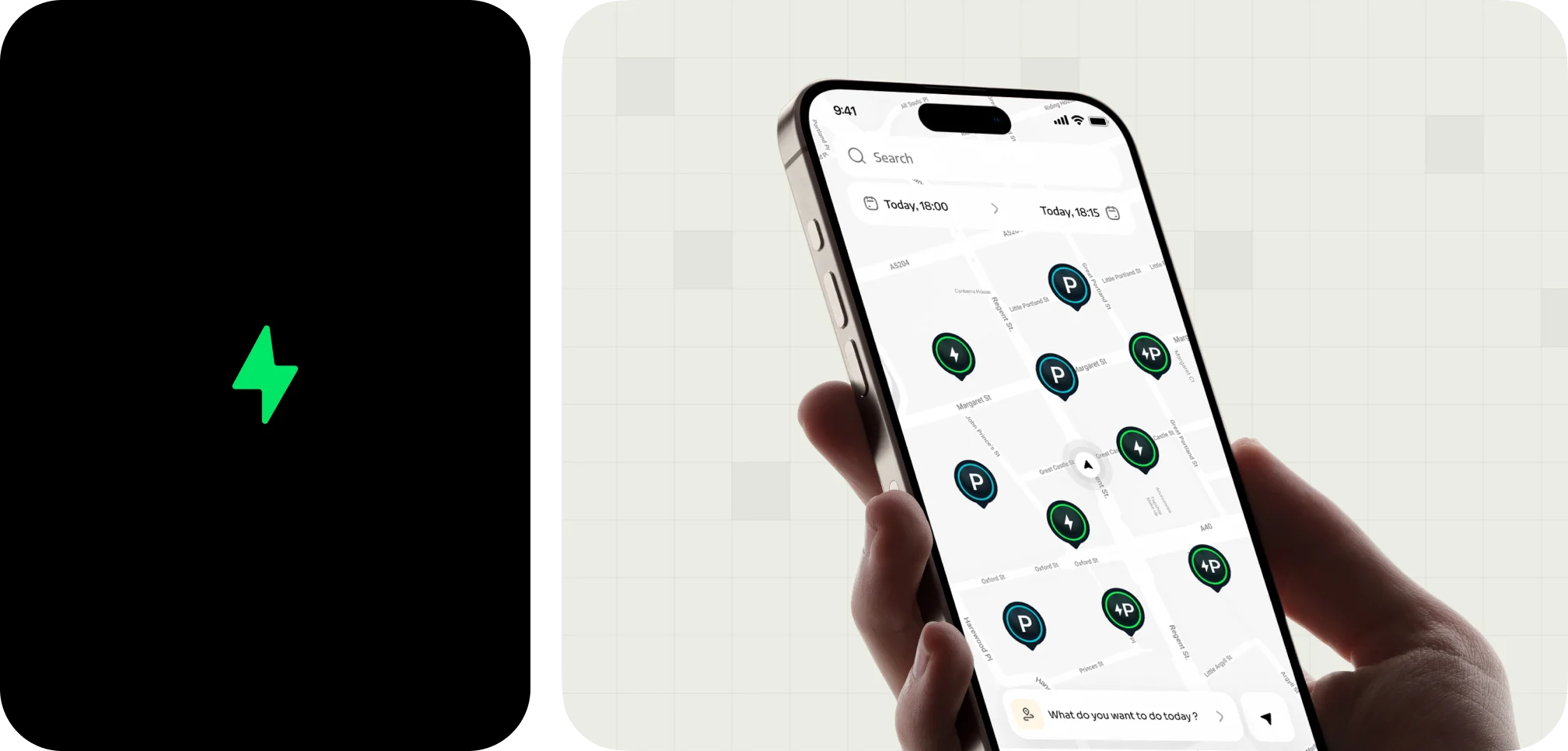 EV Spot mobile app showing a map with electric charging and parking locations.