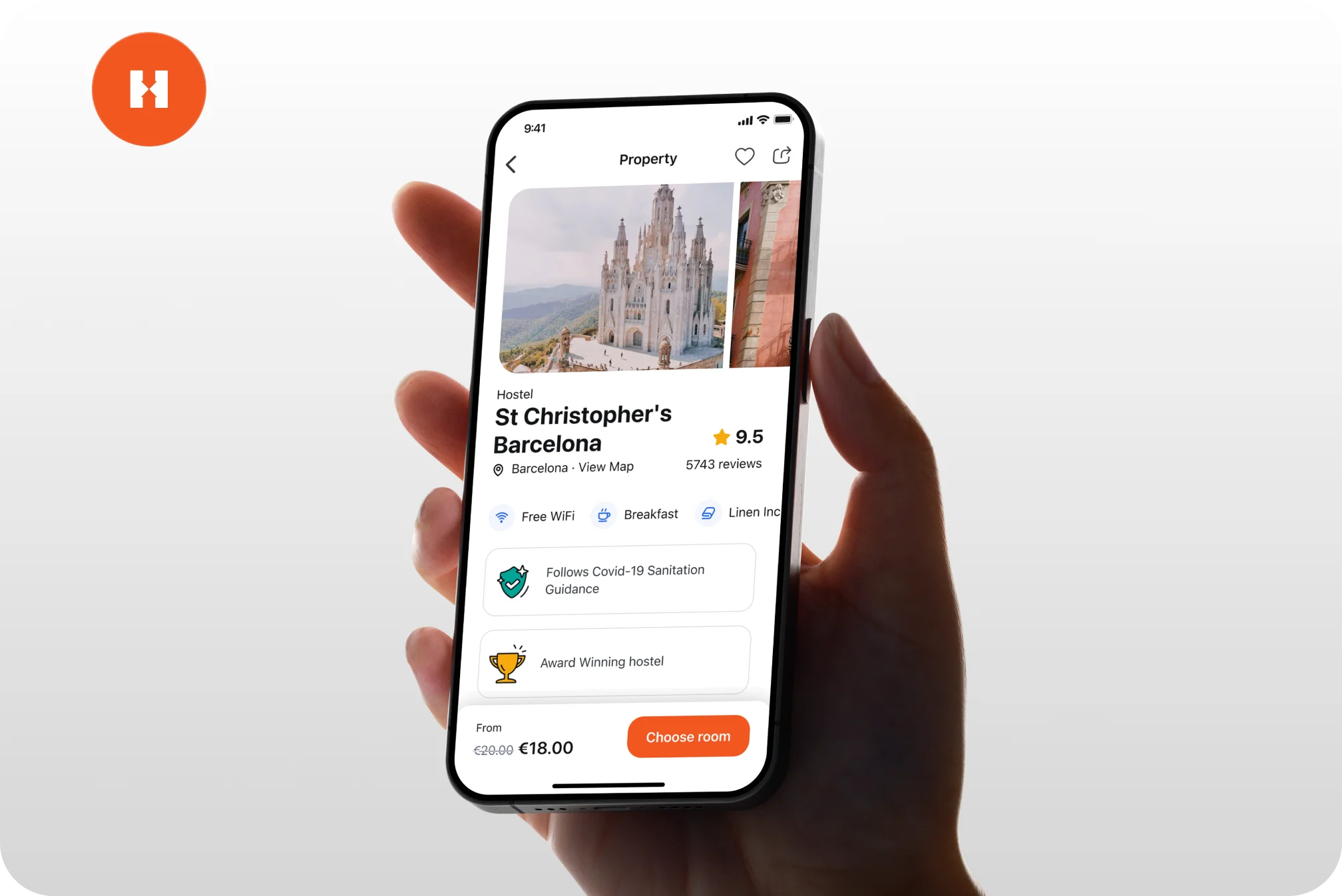 Hostelworld app showing a property listing for St Christopher's Barcelona with 9.5 star rating.